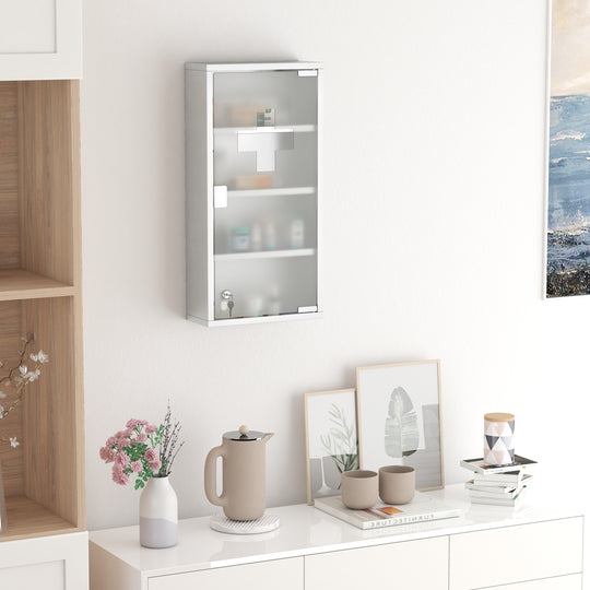Armoire à pharmacie murale pour salle de bain avec 3 tablettes, cadre en acier inoxydable et porte en verre, verrouillable avec 2 clés, argent, 12 po x 23,5 po