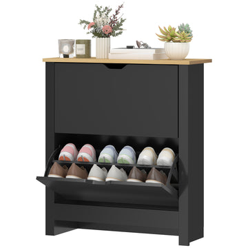 Shoe Storage Cabinet with 2 Flip Drawers and Adjustable Shelves for 8–12 Pairs of Shoes, Black