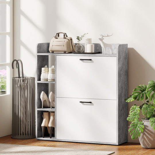 Shoe Cabinet with 2 Flip Drawers, 3 Side Compartments, Adjustable Shelves, 8-12 Pairs for Entryway Hallway, Grey