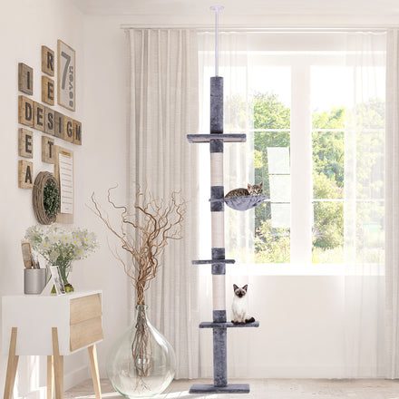 8.5ft Cat Climbing Tree 5-Tier Cat Activity Center Floor-to-Ceiling Cat Climber Toy with Scratching Post Play Rest Post Pet Furniture Grey