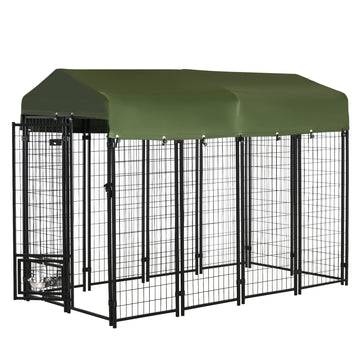 8' x 4' x 6' Outdoor Dog Kennel, Dog Kennel Outside Run with 360° Rotating Bowls, Waterproof & UV Resistant Cover, Dark Green