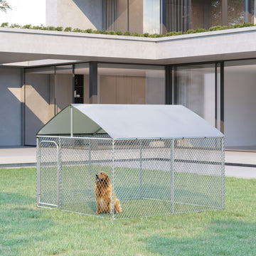 Dog Kennel Outdoor Run Fence with Roof, Steel Lock, Mesh Sidewalls for Backyard & Patio, 9.8' x 9.8' x 7.7'