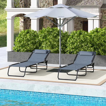 2 PCs Folding Lounge Chairs, Adjustable Chaise Lounges with Headrest, Reclining Lounger Cot for Camping, Hiking, Grey