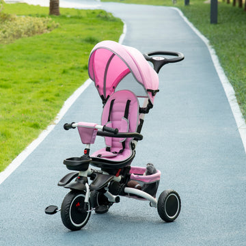 6-in-1 Toddler Tricycle for 12-50 Months, Foldable Kids Trike with Adjustable Seat and Push Handle, Safety Harness, Removable Canopy, Footrest, Pink