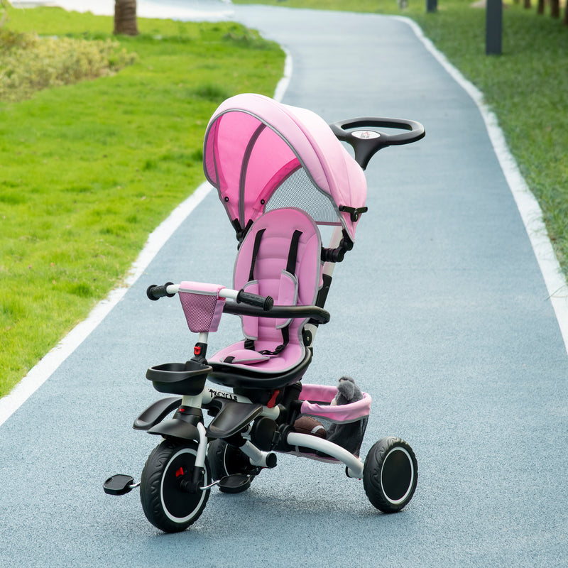 6-in-1 Toddler Tricycle for 12-50 Months, Foldable Kids Trike with Adjustable Seat and Push Handle, Safety Harness, Removable Canopy, Footrest, Pink