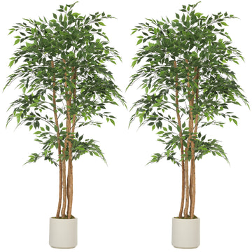 6FT Artificial Banyan Tree Set of 2, Fake Potted Tree with Solid Wood Trunk and Pot for Indoor