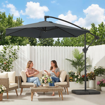 9.7 ft Offset Patio Umbrella with Water/Sand Fillable Weights, Garden Hanging Parasol with Locking Latch, Dark Grey