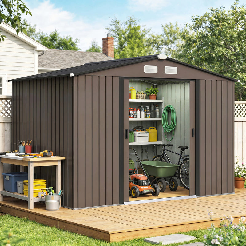 11' x 9' Metal Storage Shed Garden Tool House with Double Sliding Doors, 4 Air Vents for Backyard, Patio, Lawn Dark, Brown
