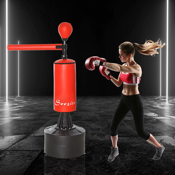 Soozier Freestanding Boxing Punch Bag Stand with 360° Rotating Flexible Arm, Speed Ball, Waterable & Sandable Base, Height Adjustable Boxing Training Equipment for Adults
