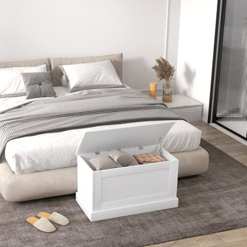 31.5 Inches Storage Chest, Storage Trunk with Safety Hinge, Wooden Box for Living Room, White Wood Grain