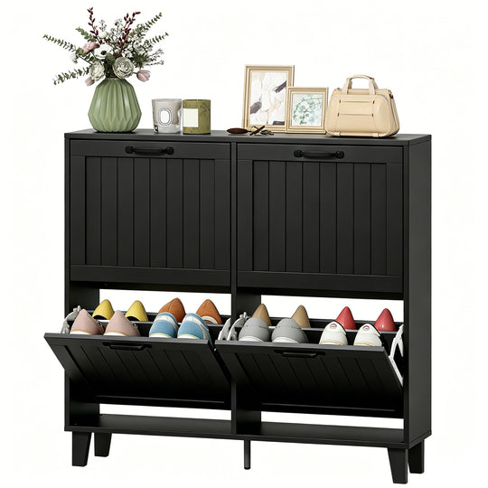 Shoe Cabinet with 4 Flip Drawers, Freestanding Narrow Shoe Storage Cabinet with Adjustable Shelves, Open Back, Black