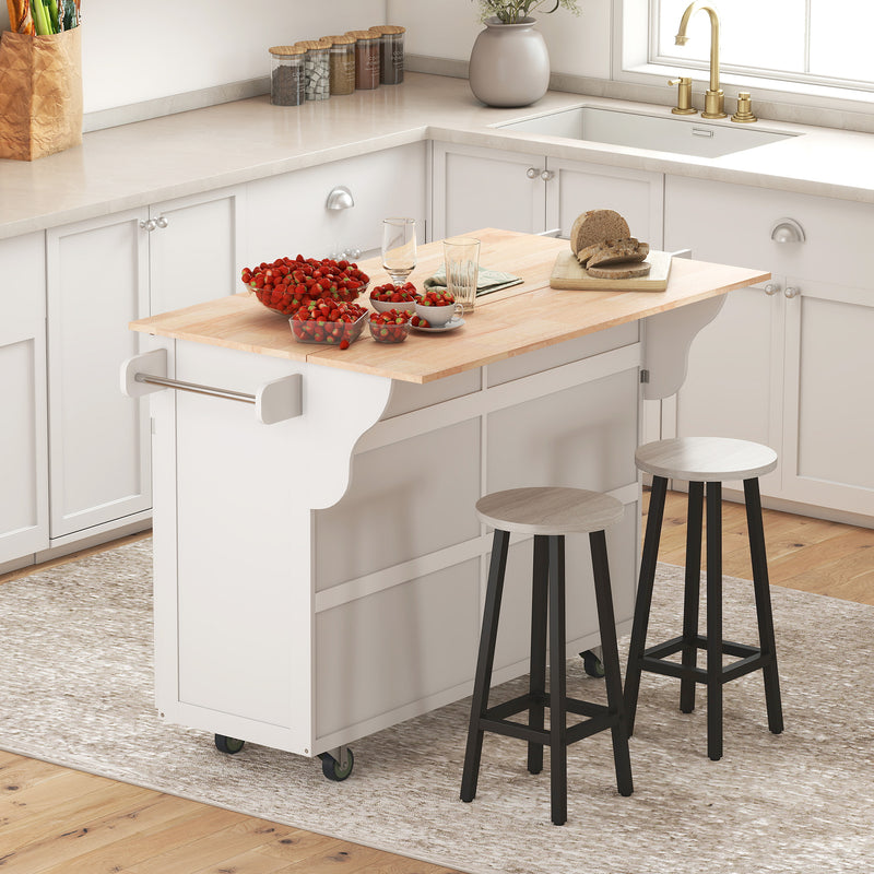 Kitchen Island with Storage, Rolling Kitchen Island with Drop Leaf, Rubber Wood Top and Adjustable Shelves