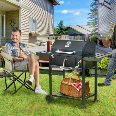 Charcoal BBQ Grill Smoker with Adjustable Charcoal Pan and Galvanised Steel Shell, Barbecue Grill Trolley with Storage