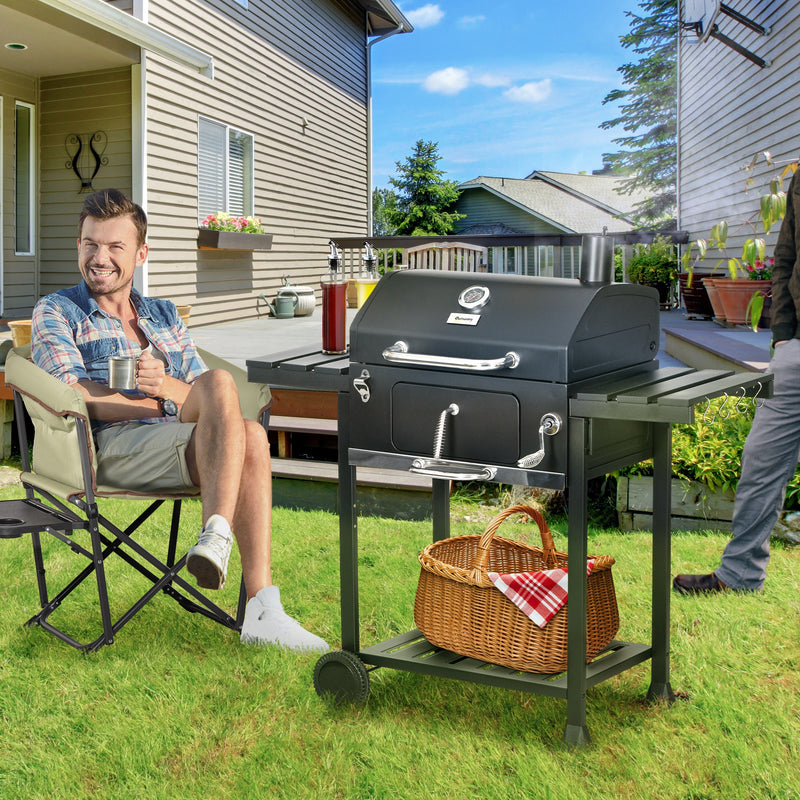 Charcoal BBQ Grill Smoker with Adjustable Charcoal Pan and Galvanised Steel Shell, Barbecue Grill Trolley with Storage