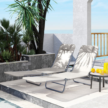 Set of 2 Folding Chaise Lounge Chairs, Outdoor Poolside Sun Tanning Chairs w/ Pillow, Reclining Backrest, Cream White