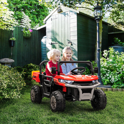 12V Ride on Car with Electric Bucket, Two-Seater, Shovel, Remote Control, Spring Suspension, Horn, Music