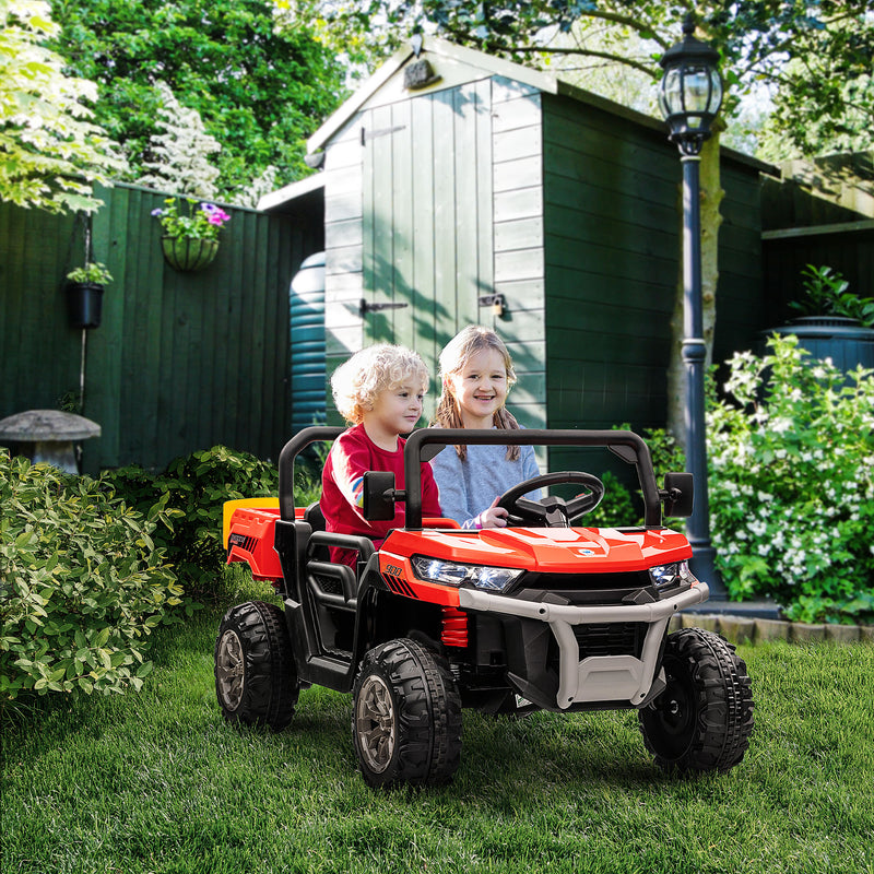 12V Ride on Car with Electric Bucket, Two-Seater, Shovel, Remote Control, Spring Suspension, Horn, Music