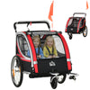 2 Seat Bike Trailer for Kids 2-in-1 Double Baby Stroller with Handbrake, Rubber Wheels, 5 Point Harness, Waterproof Cover, Storage Bag, Reflectors, Red