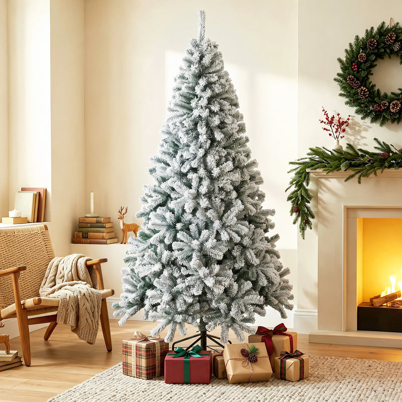 7ft Snow Flocked Christmas Tree with 1000 Branch Tips, Hinged Design, Artificial Fir Xmas Tree, Green and White