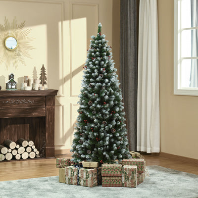 6ft Decorated Christmas Tree with Red Berries and Pine Cones, Flocked Christmas Tree with Pencil Shape, Green
