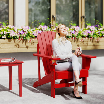 Classic Adirondack Chair, Muskoka Chairs, Garden Deck Chair with Cup Holder for Patio, Indoor, Backyard, Red