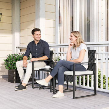 Outdoor Bistro Set, 3 Piece Wicker Patio Furniture Set with Glass Top Table and Cushions for Porch, Balcony, Cream White