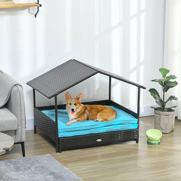 Outdoor Dog House Extendable Wicker Dog Bed with Soft Cushion Washable Cover, for Small and Medium Dogs, Blue