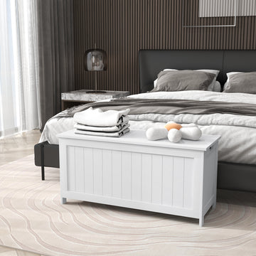 Storage Trunk with 2 Safety Hinges, Modern Entryway Bench with Side Handles, Storage Chest for Living Room, White