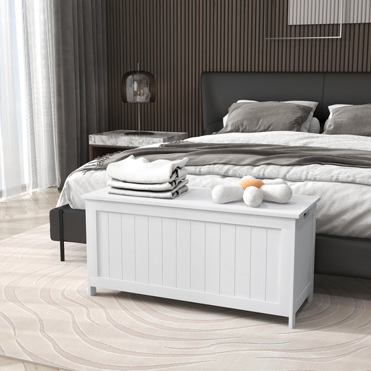 Storage Trunk with 2 Safety Hinges, Modern Entryway Bench with Side Handles, Storage Chest for Living Room, White