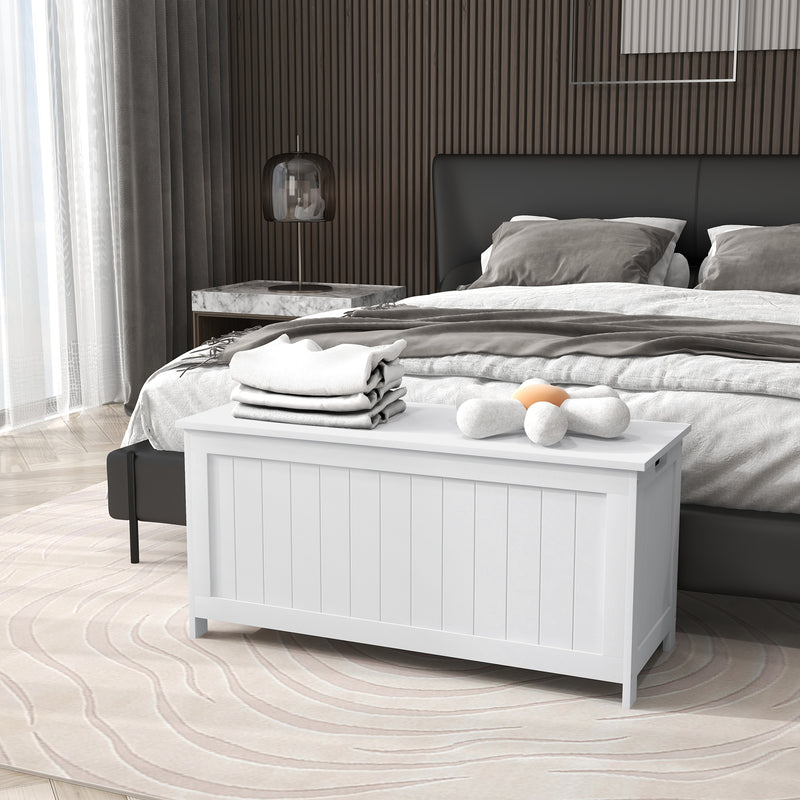 Storage Trunk with 2 Safety Hinges, Modern Entryway Bench with Side Handles, Storage Chest for Living Room, White
