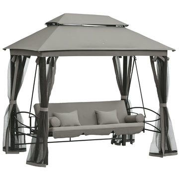 3 Person Outdoor Patio Daybed, 3 in 1 Canopy Gazebo Swing Chair Garden Hammock with Sun Shade, Mesh Mosquito and Net, Dark Grey