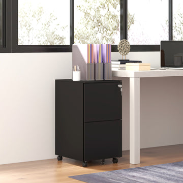 Vertical Steel Filing Cabinet on Wheels, 2-Drawer Lockable File Cabinet with Adjustable Hanging Bar for A4, Legal and Letter Size, Black