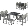 9 Pieces Wicker Patio Dining Set with 4 Armchairs, 4 Stools, Tempered Glass Top, Removable Cushions, Light Grey