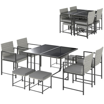 9 Pieces Wicker Patio Dining Set with 4 Armchairs, 4 Stools, Tempered Glass Top, Removable Cushions, Light Grey