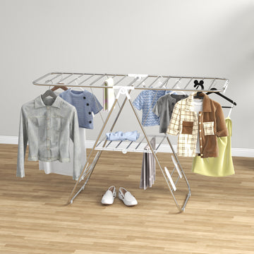 Clothes Drying Rack, 2-Tier Stainless Steel Foldable Laundry Rack with Adjustable Wings and Shoe Holders, Silver