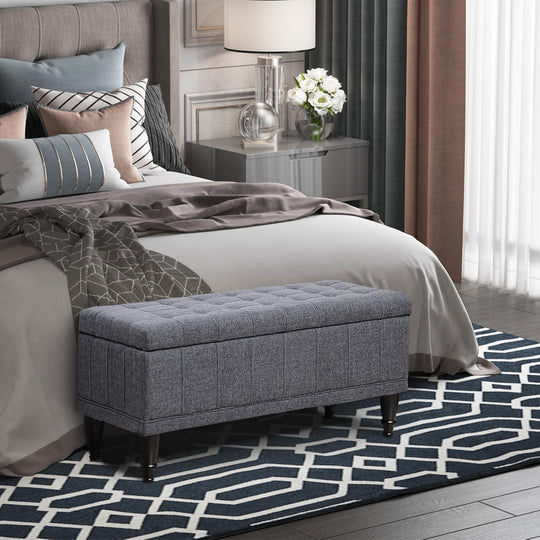 Storage Ottoman, Linen Fabric End of Bed Bench with Soft Close Lid, Button Tufted Storage Bench for Living Room, Entryway or Bedroom, 42