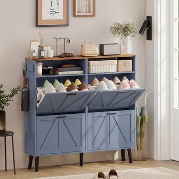 Shoe Storage Cabinet with 4 Flip Drawers, Farmhouse Narrow Shoe Cabinet, Holds Up to 24 Pairs, Blue