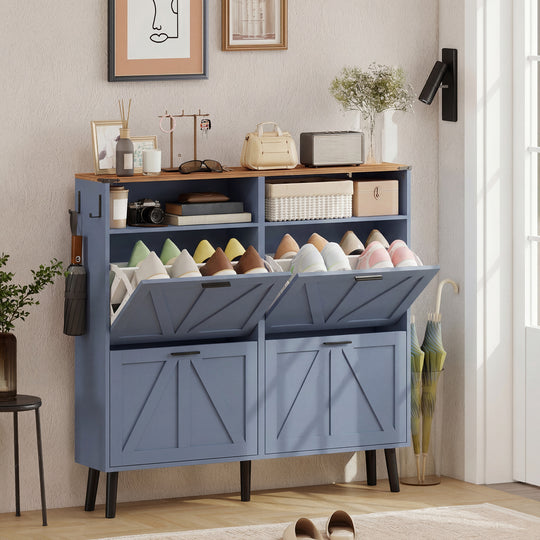 Shoe Storage Cabinet with 4 Flip Drawers, Farmhouse Narrow Shoe Cabinet, Holds Up to 24 Pairs, Blue