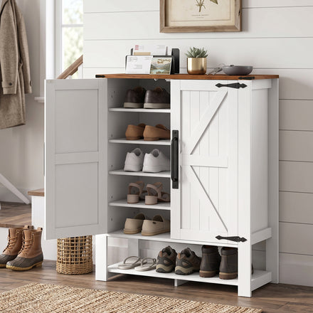 Shoe Cabinet 5 Tier Shelves Shoe Storage Cabinet Anti Tip Hardware Open Cubby Rustic White