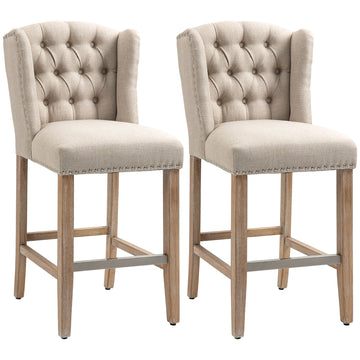 Counter Height Bar Stools Set of 2, Upholstered Bar Chairs with Nailhead Backrest and Footrest, Modern Barstools for Kitchen, Dining Room, Beige