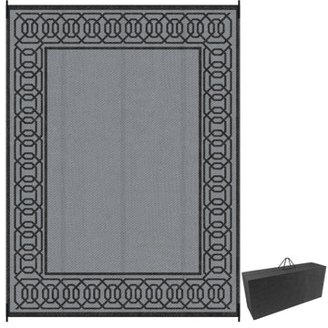 Portable Outdoor Rug with Carrying Bag, 9' x 12' Reversible Mat, Waterproof Plastic Straw RV Rug for Backyard, Deck, Picnic, Beach, Camping, Black and Grey