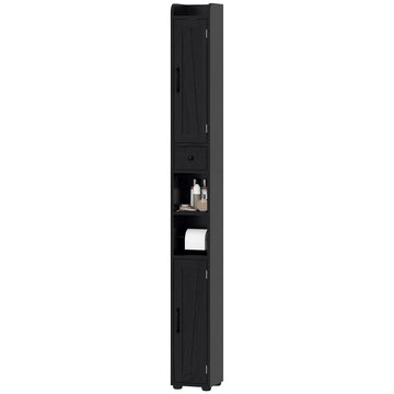 Narrow Bathroom Cabinet, Tall Bathroom Storage Cabinet with Barn Doors, Drawer and Adjustable Shelves, Black Wood Grain