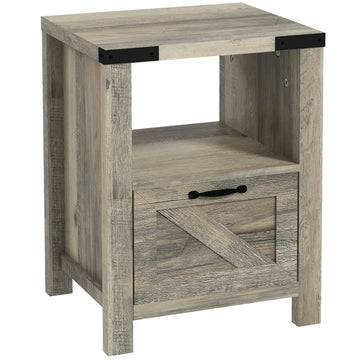 Small Side Table with Storage, Farmhouse End Table with Drawer, Open Shelf and Barn-style Panel, Nightstand for Living Room, Bedroom, Grey