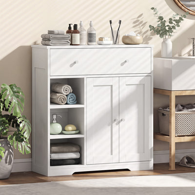 Bathroom Floor Cabinet, Freestanding Bathroom Cabinet with Drawer, Door, Open Shelves, White