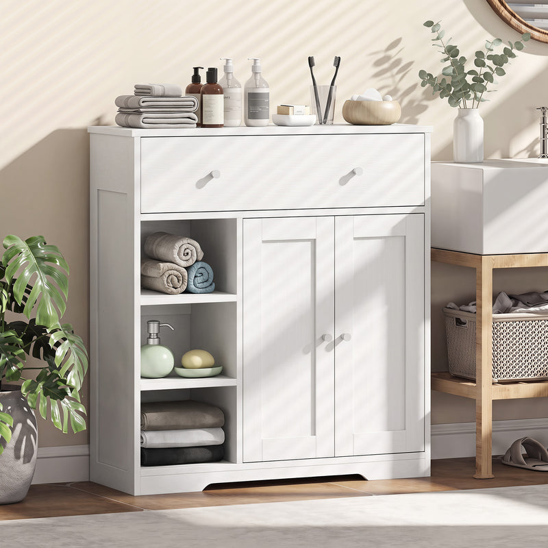 Bathroom Floor Cabinet, Freestanding Bathroom Cabinet with Drawer, Door, Open Shelves, White