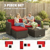 3 Pieces Patio Furniture Set with Cushions, Outdoor PE Rattan Wicker Conversation Corner Sofa Set with Glass Top Table, Red