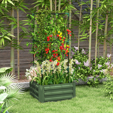 Galvanized Planter Box, Outdoor Raised Garden Bed with 3-Tier Trellis Tomato Cage for Climbing Vines, Vegetables, Green