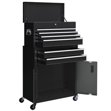 6-Drawer Rolling Tool Chest, 2 in 1 Lockable Storage Cabinet with Hooks, Metal Tool Box for Garage, Workshop, Black
