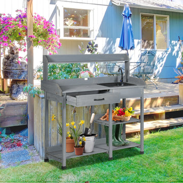 Potting Bench Table Garden Work Bench Workstation with Drawer, Removable Sink and Hooks, 45.3