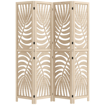 4 Panel Room Divider, Detachable Folding Privacy Screens with Palm Leaf Design for Home Office, Natural Wood Finish